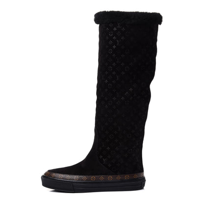 Louis Vuitton Suede Calfskin Monogram Embossed Snowball Flat Half Boots 35.5 Black 1 of 8