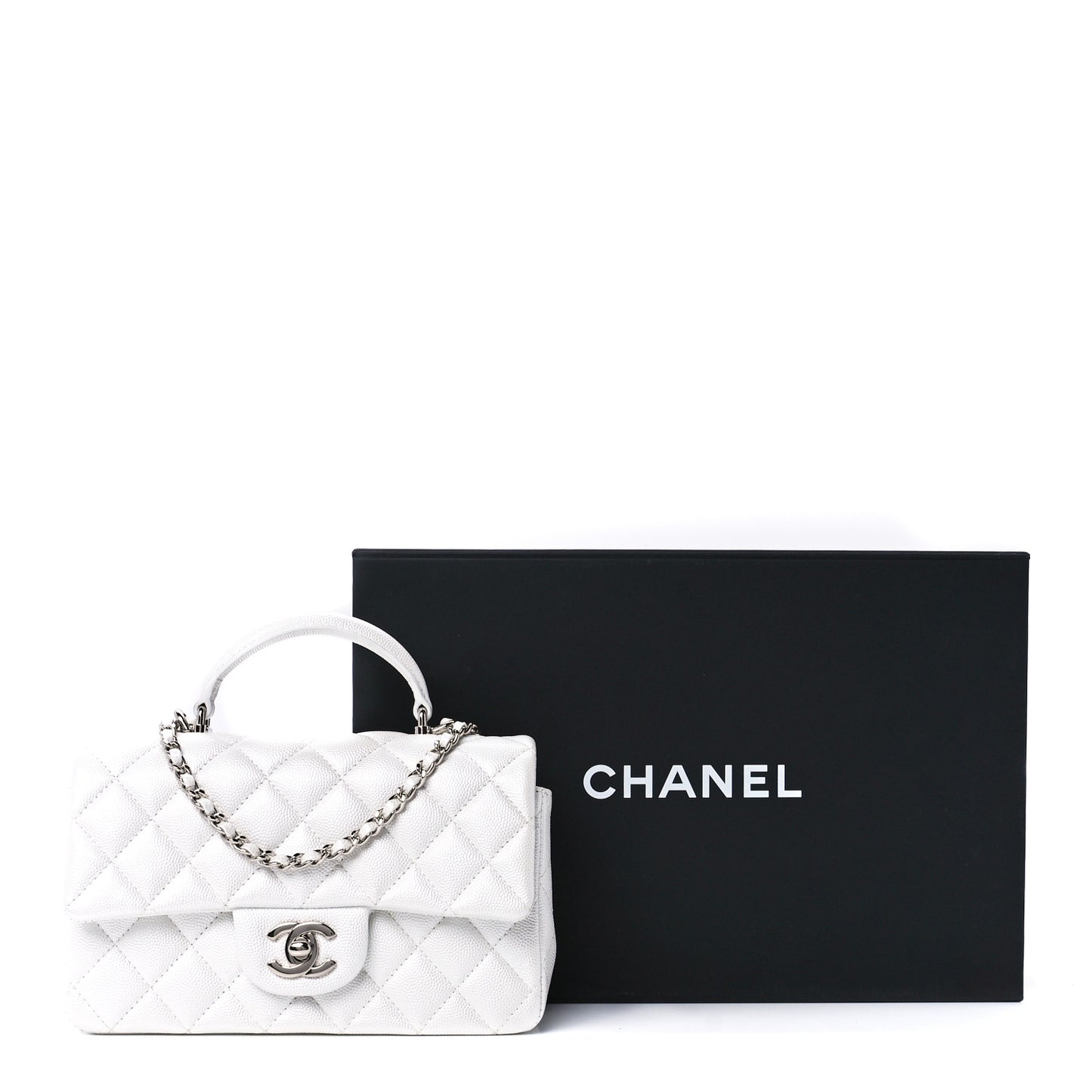 Iridescent Caviar Quilted Mini Top Handle Rectangular Flap White