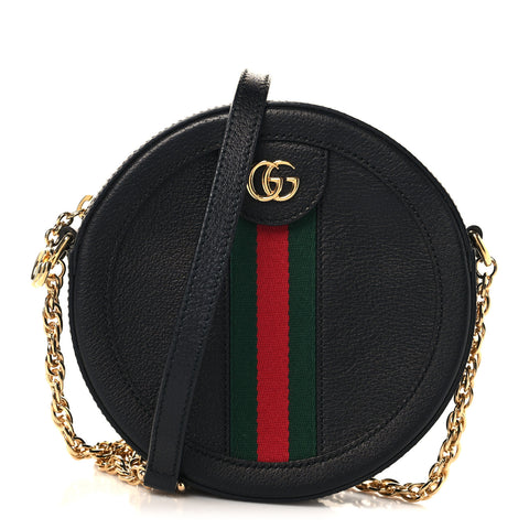 Grained Calfskin Web Mini Ophidia Round Shoulder Bag Black