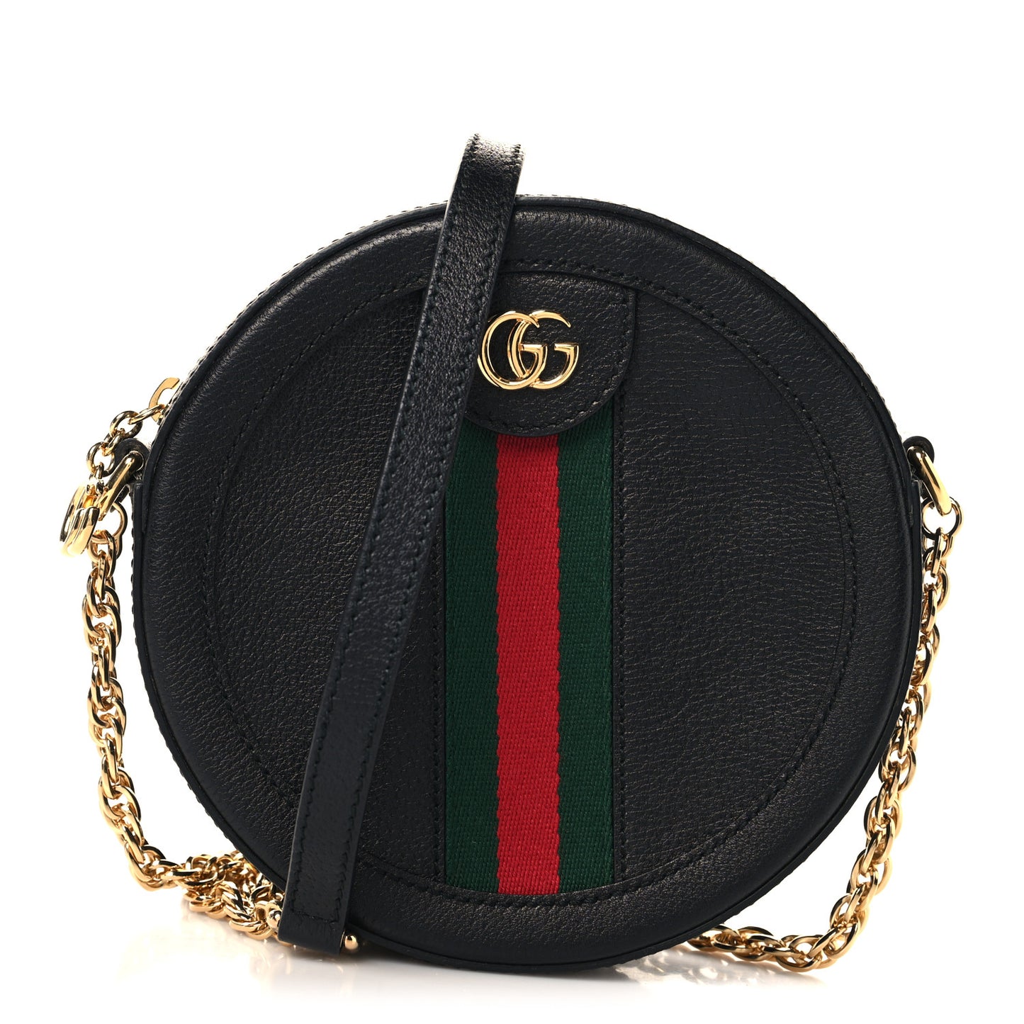 Grained Calfskin Web Mini Ophidia Round Shoulder Bag Black