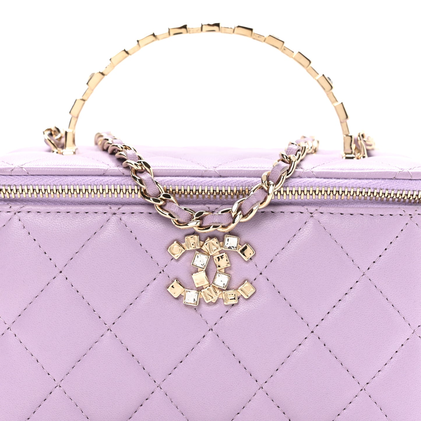Lambskin Quilted Baguette Crystal Top Handle Vanity Case With Chain Purple