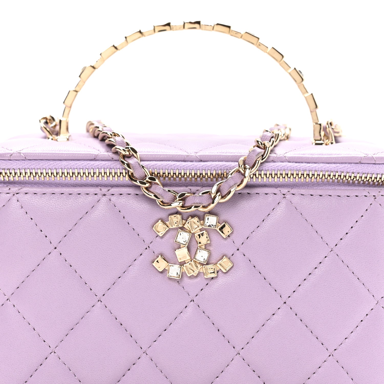Chanel Lambskin Quilted Baguette Crystal Top Handle Vanity Case With Chain Purple 17 of 23