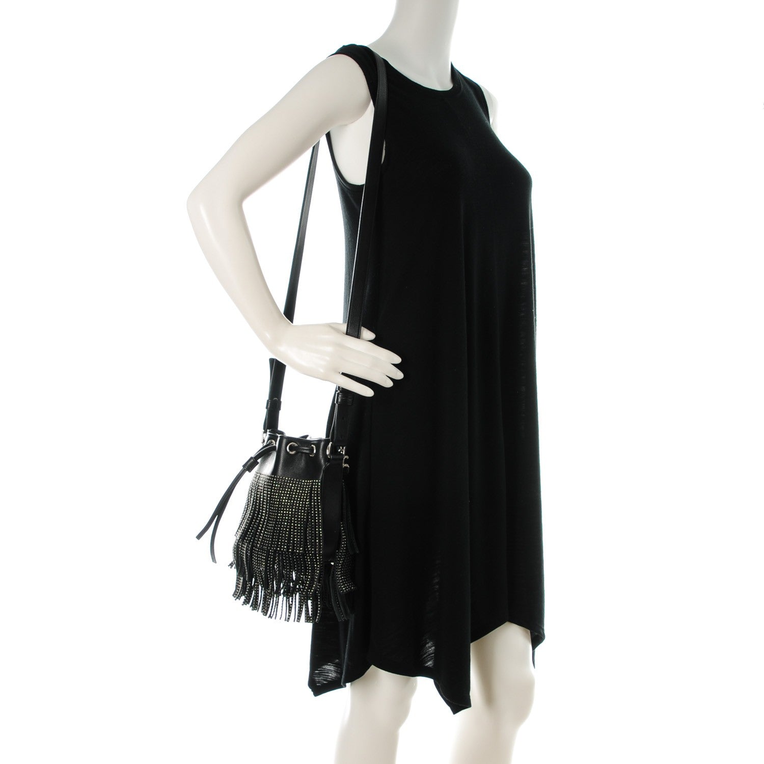Saint Laurent Calfskin Studded Small Emmanuelle Fringe Bucket Bag Black 2 of 7