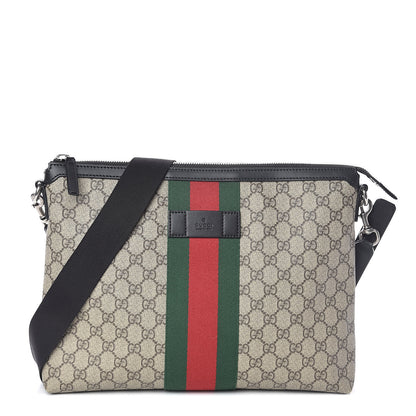Gucci GG Supreme Monogram Calfskin Web Medium Flat Messenger Bag Beige Ebony Black 1 of 9