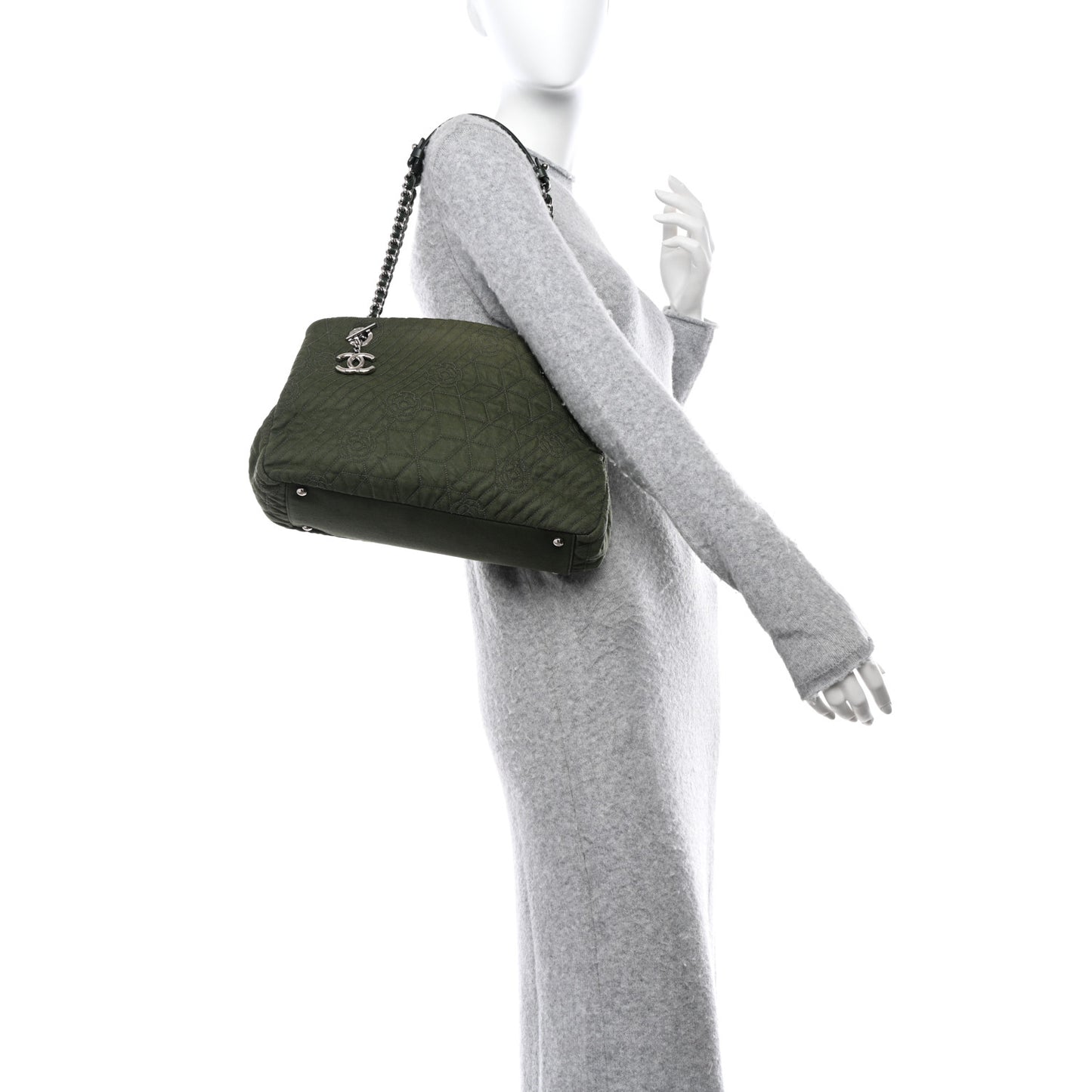 Denim Camellia Embroidered Shopping Tote Green