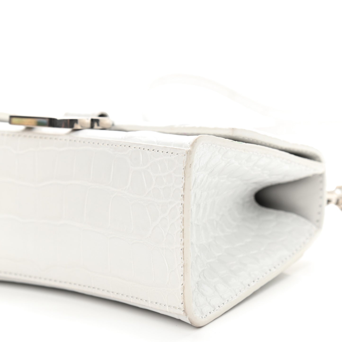 Shiny Calfskin Crocodile Embossed Hourglass Top Handle Bag XS White