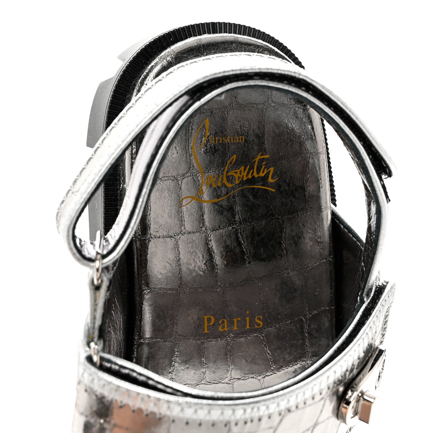 Metallic Calfskin Alligator Embossed Nappa Lock Cool Flat Sandals 37 Silver