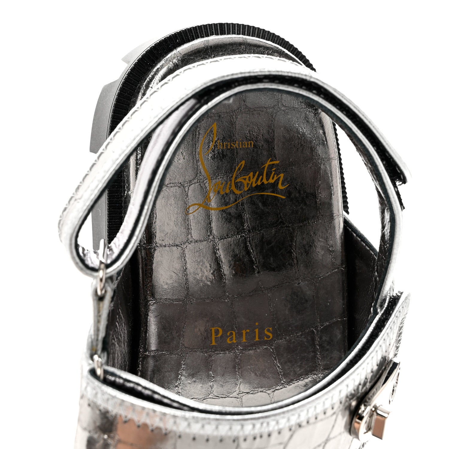 Christian Louboutin Metallic Calfskin Alligator Embossed Nappa Lock Cool Flat Sandals 37 Silver 7 of 7