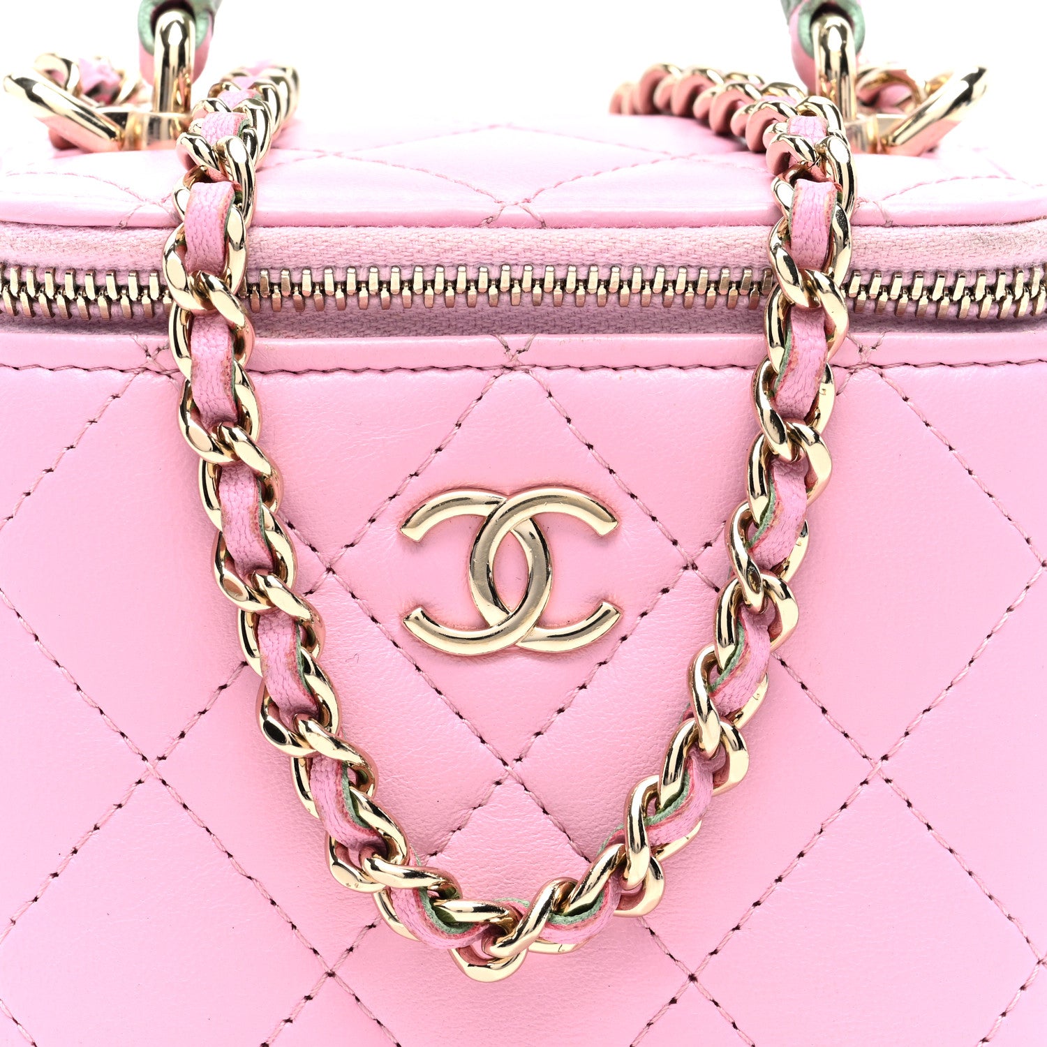 Chanel Lambskin Quilted Top Handle Mini Vanity Case With Chain Pink Green 8 of 10