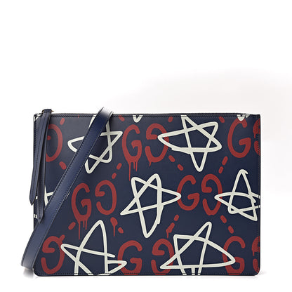Gucci Calfskin GucciGhost Print GG Messenger Bag Blue Agata Hibiscus Red 1 of 11