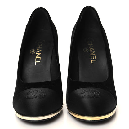 Chanel Velvet Satin Cap Toe Pearl Pumps 38 Black 2 of 8