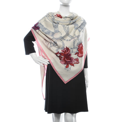 Hermes Cashmere Silk Cavalcadour Shawl 140 Blanc Violet Rose 2 of 7