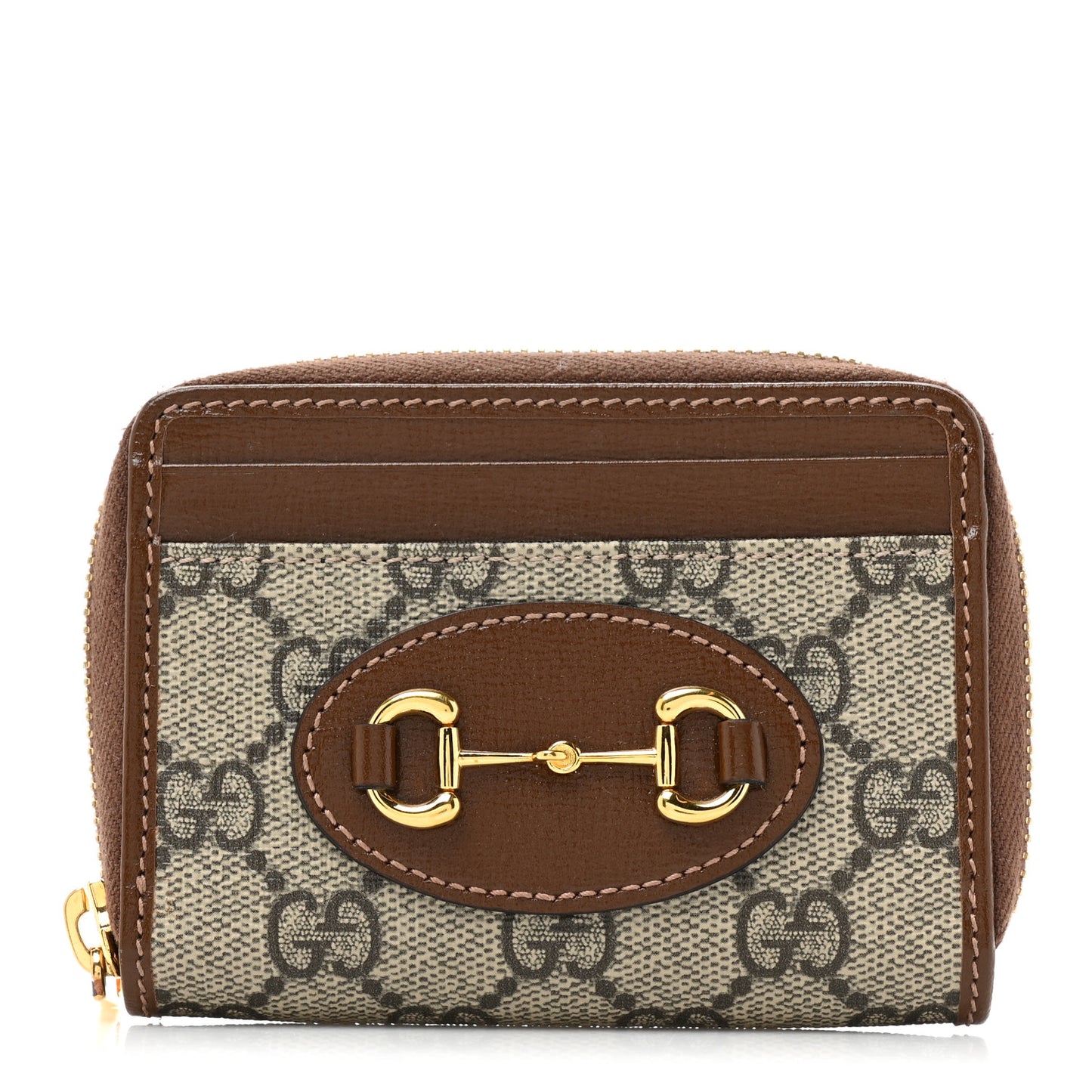 GG Supreme Monogram Azalea Calfskin Horsebit 1955 Zip Around ID Card Case Wallet Beige Ebony Brown Sugar