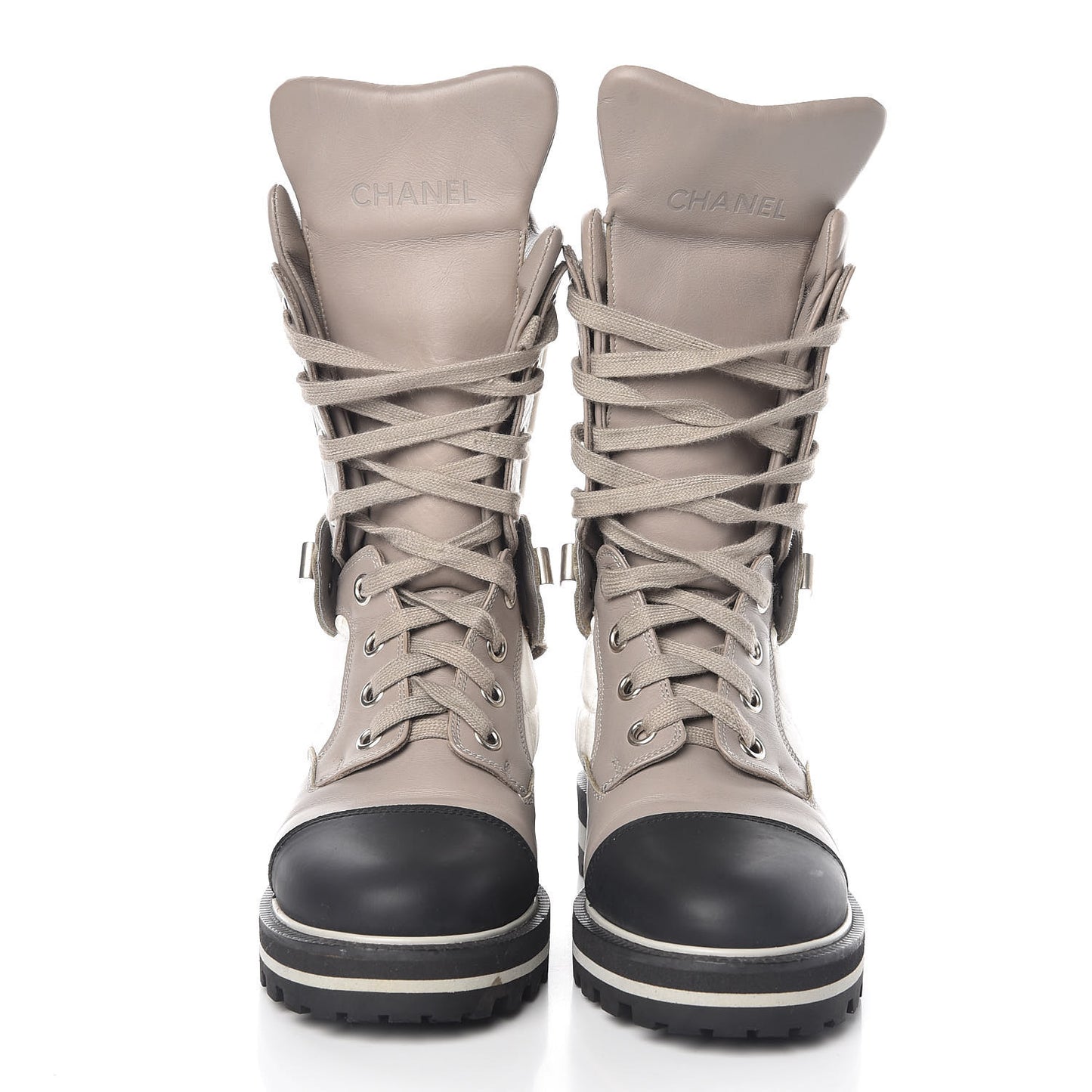 Calfskin Nylon Quilted Boots 36 White Grey Black