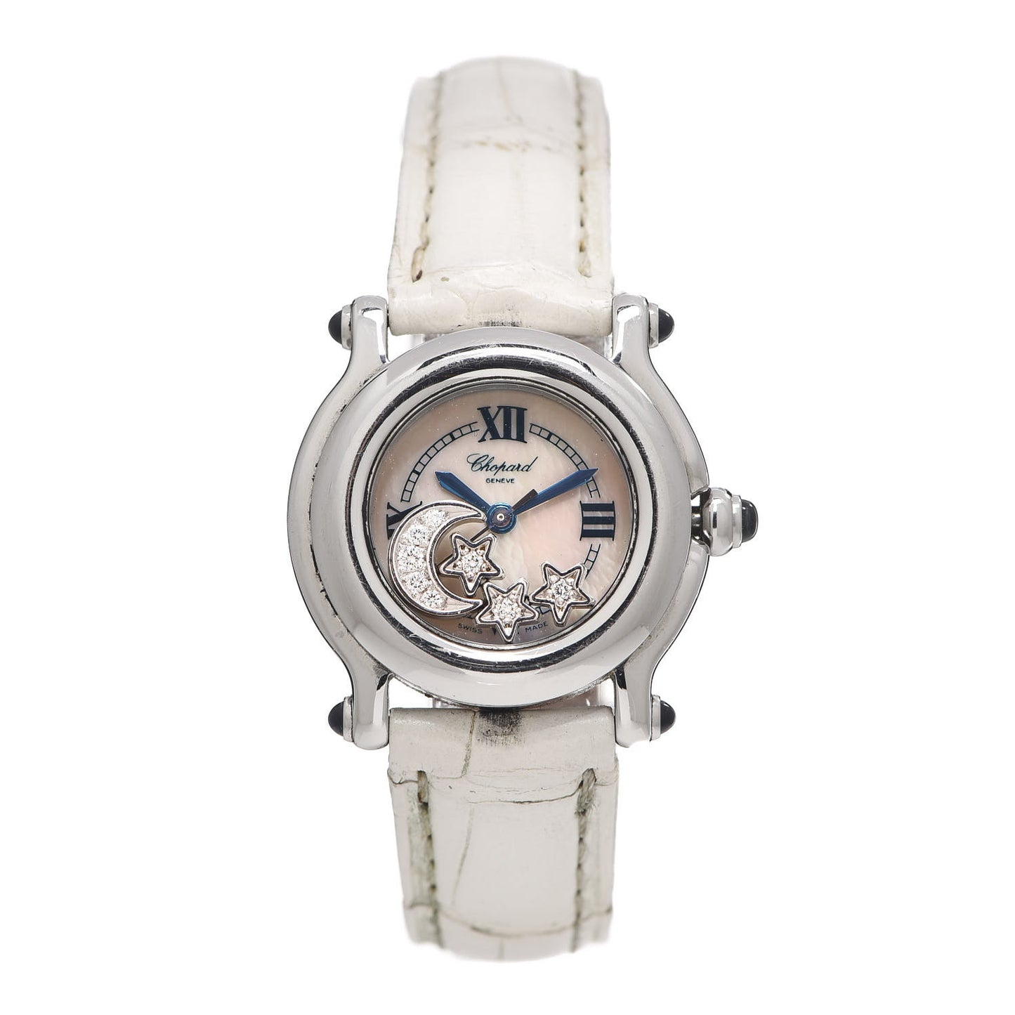 Stainless Steel Alligator Diamond Mother of Pearl 26mm Happy Sport Moon Star Quartz Watch