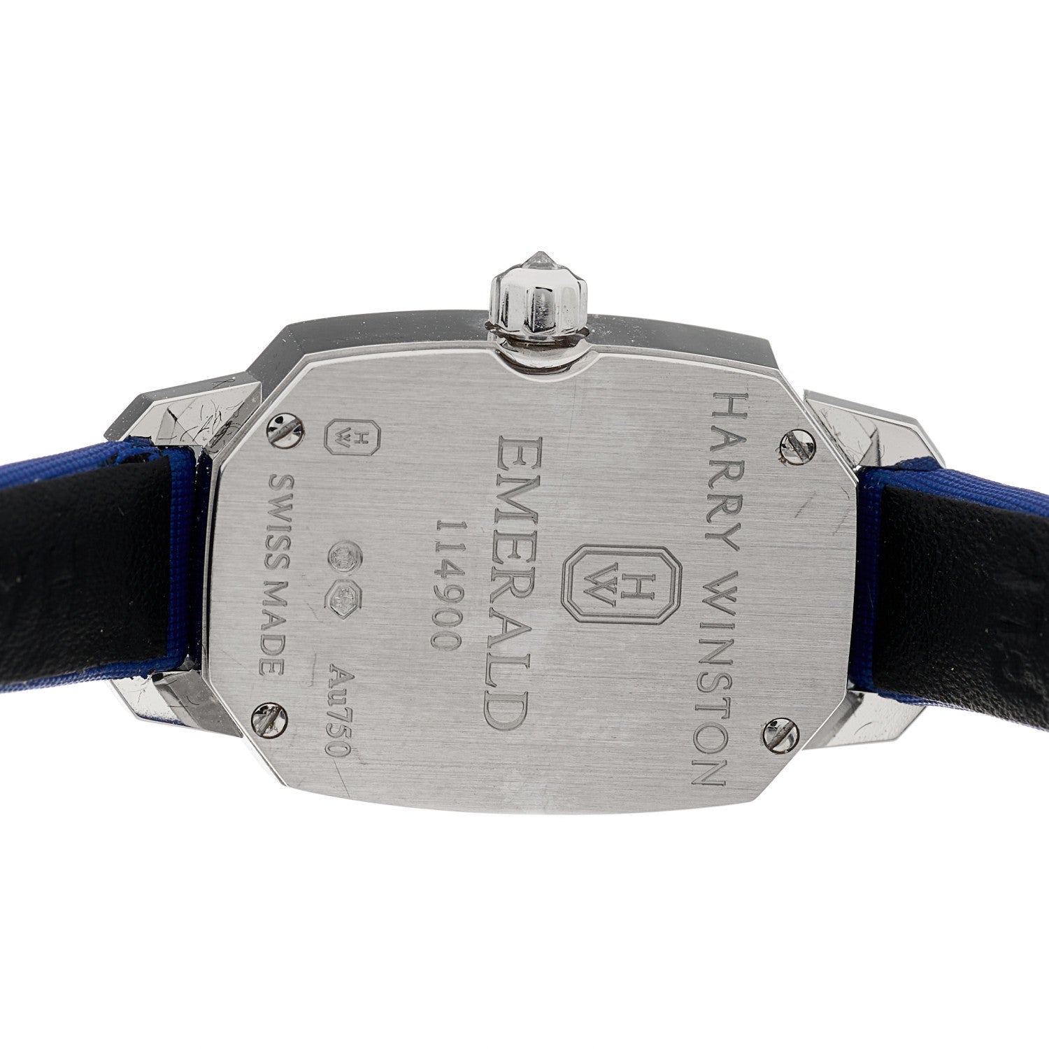 Harry Winston 18K White Gold Satin Diamond Bezel 17mm Emerald Quartz Watch Blue 4 of 4
