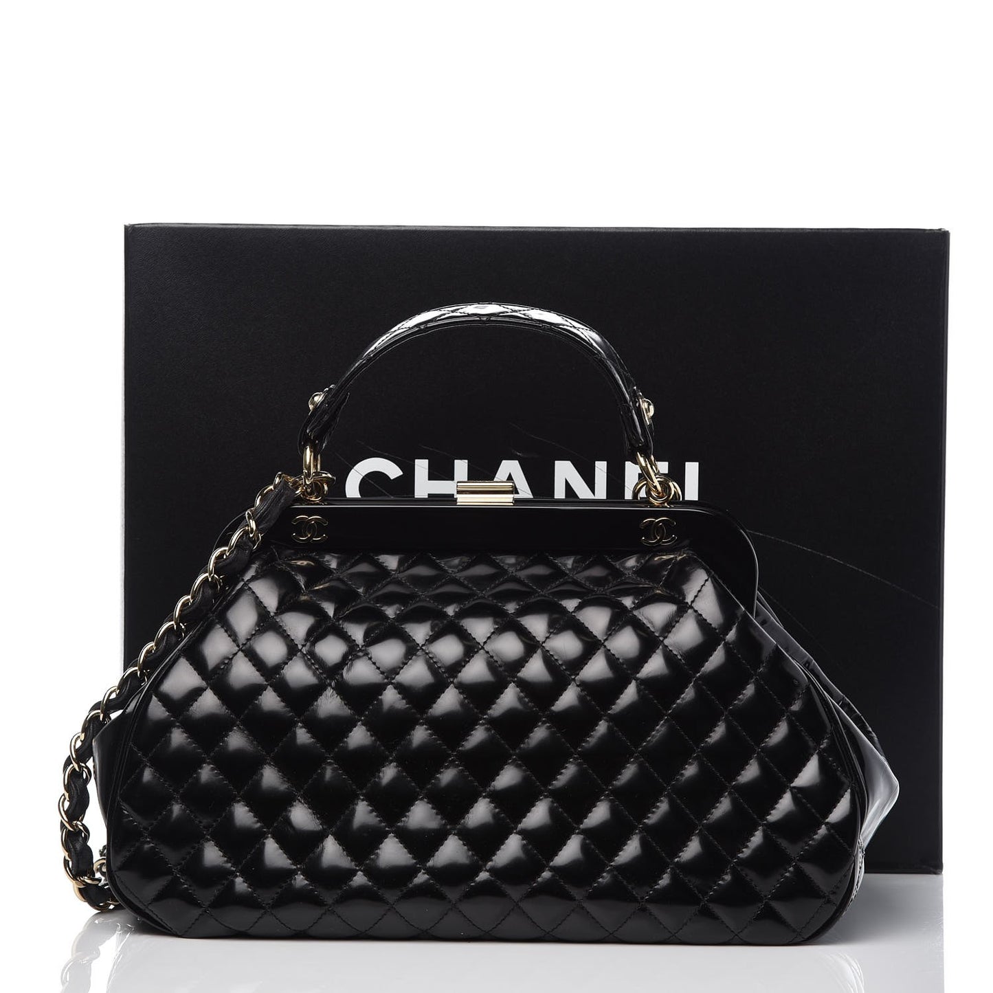 Glazed Calfskin Quilted Small Mademoiselle Frame Bag Black