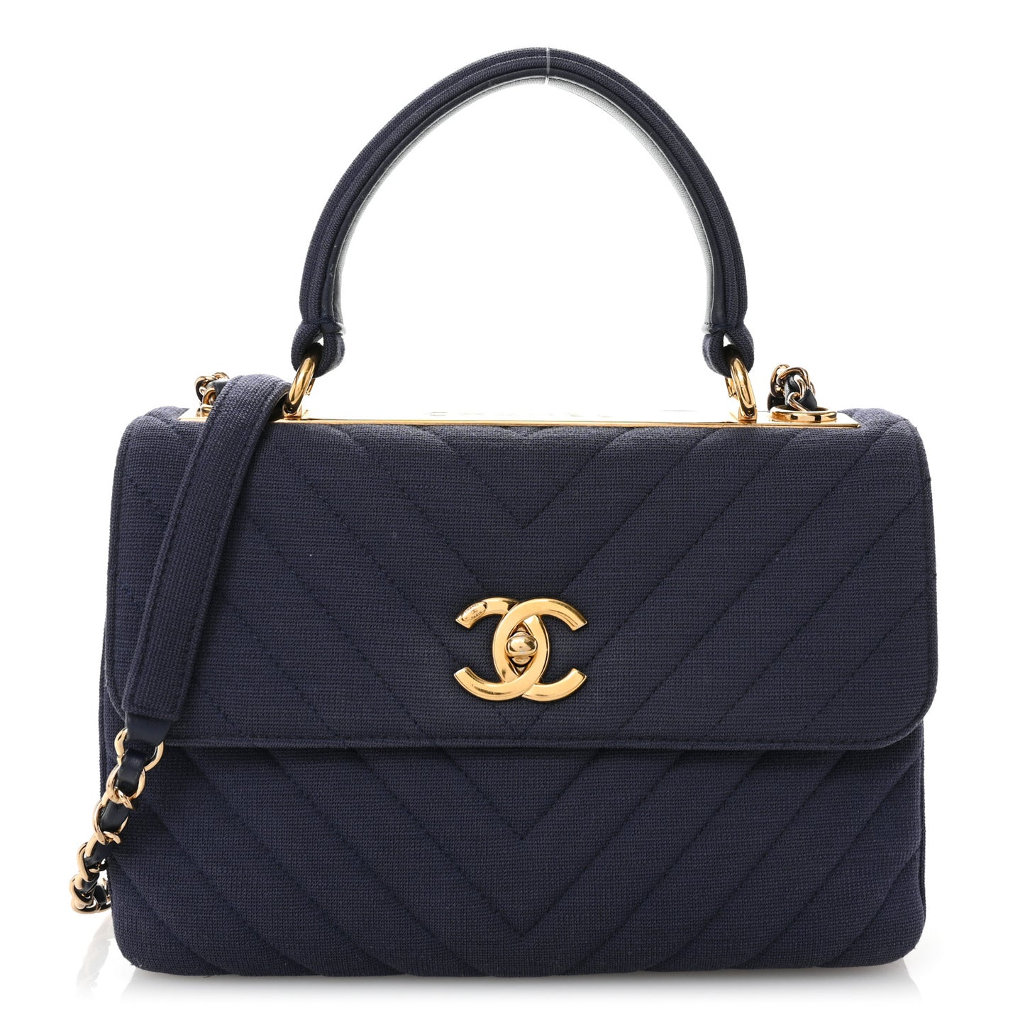 Jersey Chevron Quilted Small Trendy CC Dual Handle Flap Bag Navy Blue
