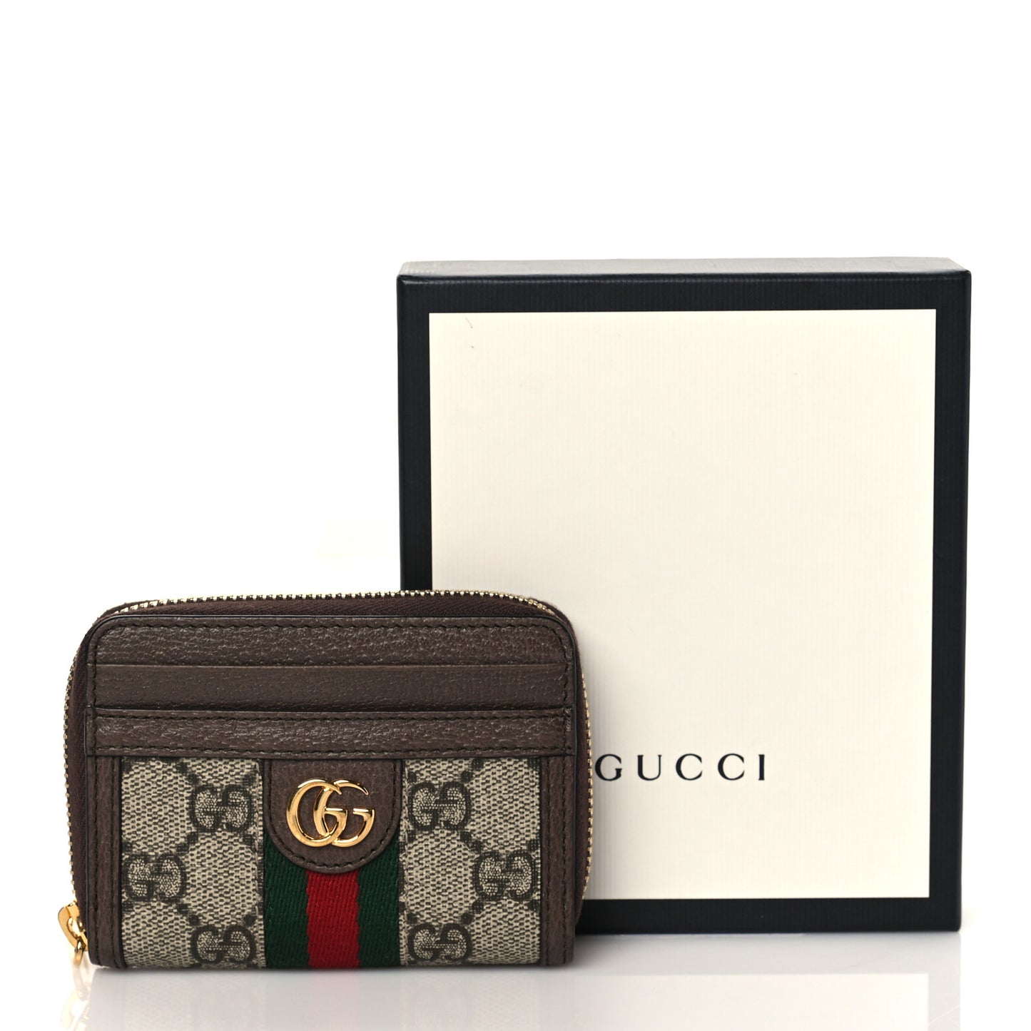 GG Supreme Monogram Textured Dollar Calfskin Web Ophidia Zip Around Card Case Wallet Beige Ebony New Acero