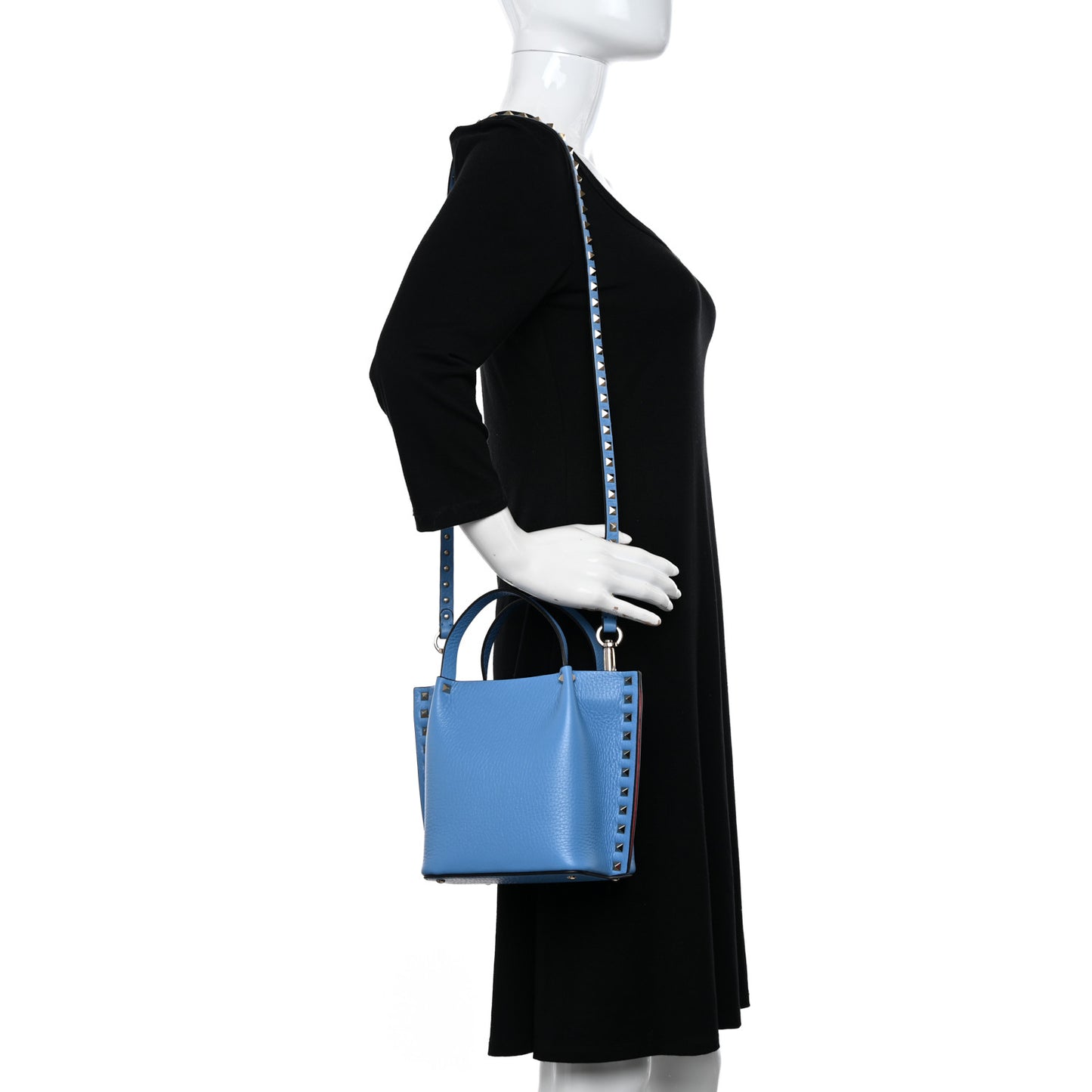 Pebbled Calfskin Small Rockstud Crossbody Tote Denim