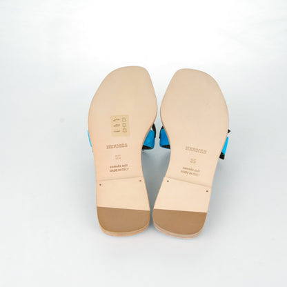 Hermes Suede Goatskin Nappa Oran Laurier Sandals 35 Bleu Thalassa Khaki 5 of 7