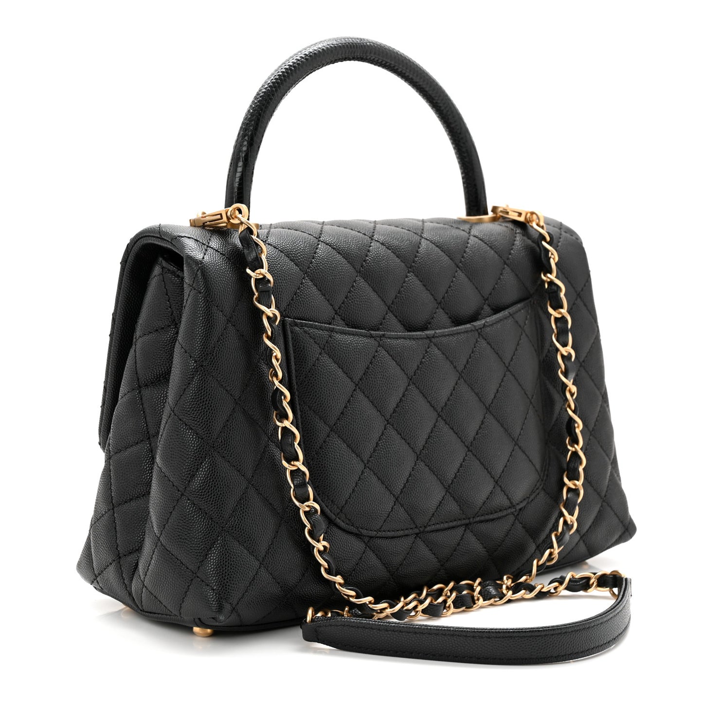 Caviar Lizard Embossed Quilted Small Coco Handle Flap Black