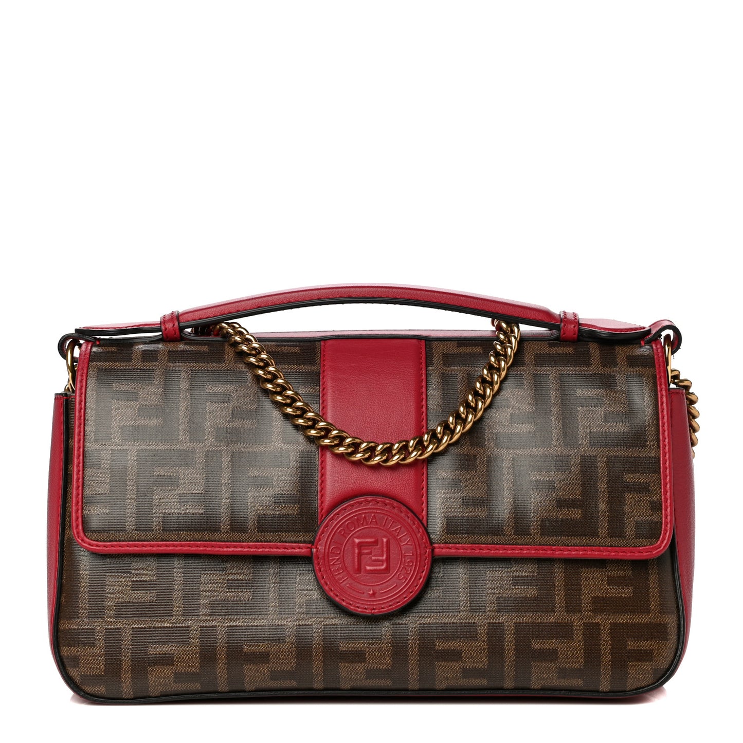 Vitello Grace Glazed Fabric FF 1974 Double F Shoulder Bag Fragola Mogano Panna