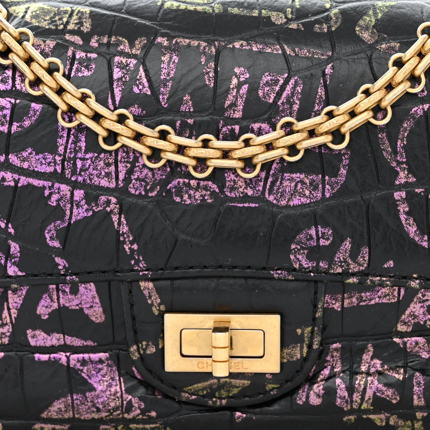 Calfskin Crocodile Embossed Graffiti 2.55 Mini Cocodile Reissue Flap Black Gold