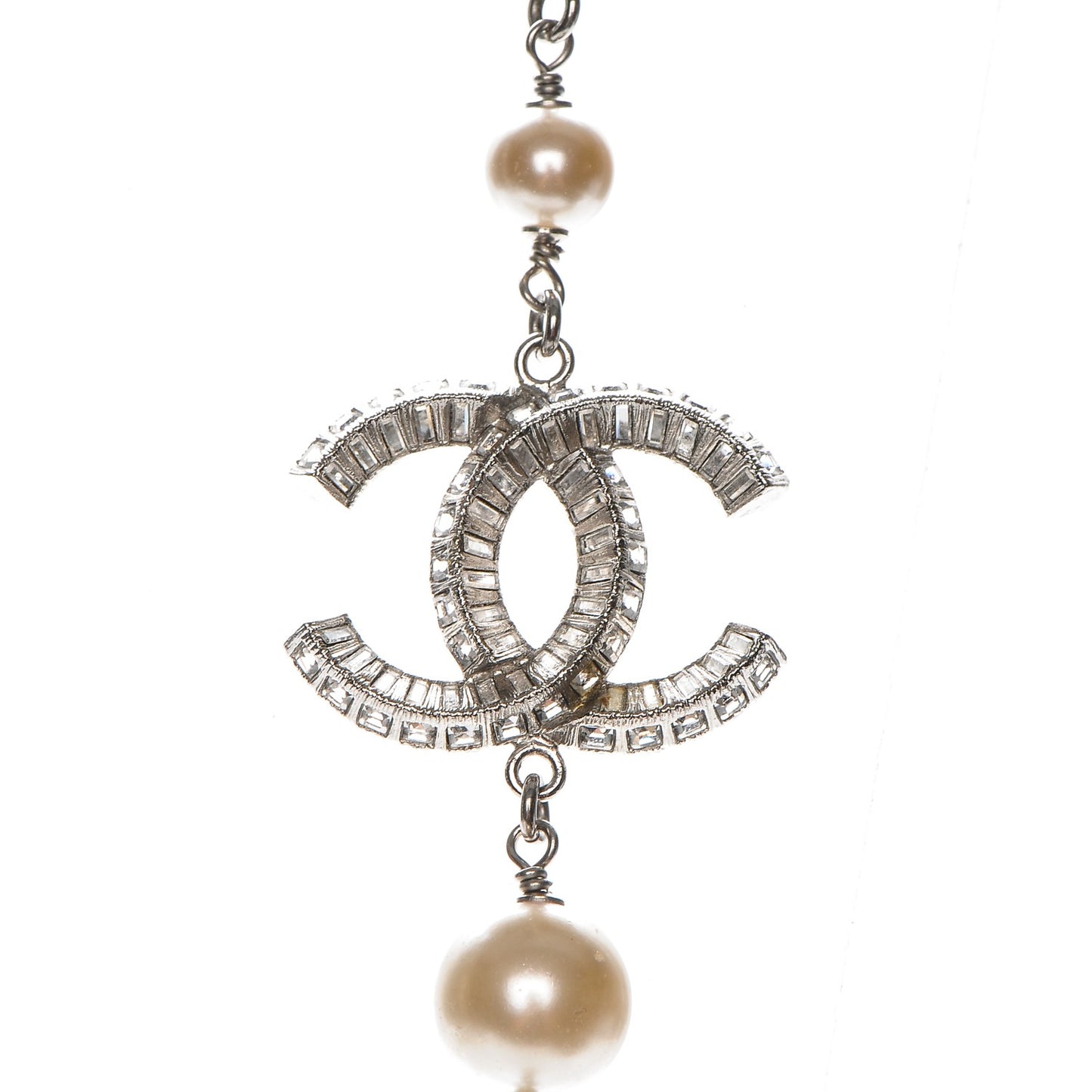 Pearl Baguette Crystal CC Long Necklace Silver