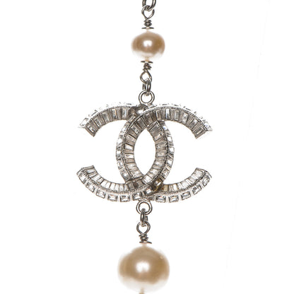 Chanel Pearl Baguette Crystal CC Long Necklace Silver 5 of 6