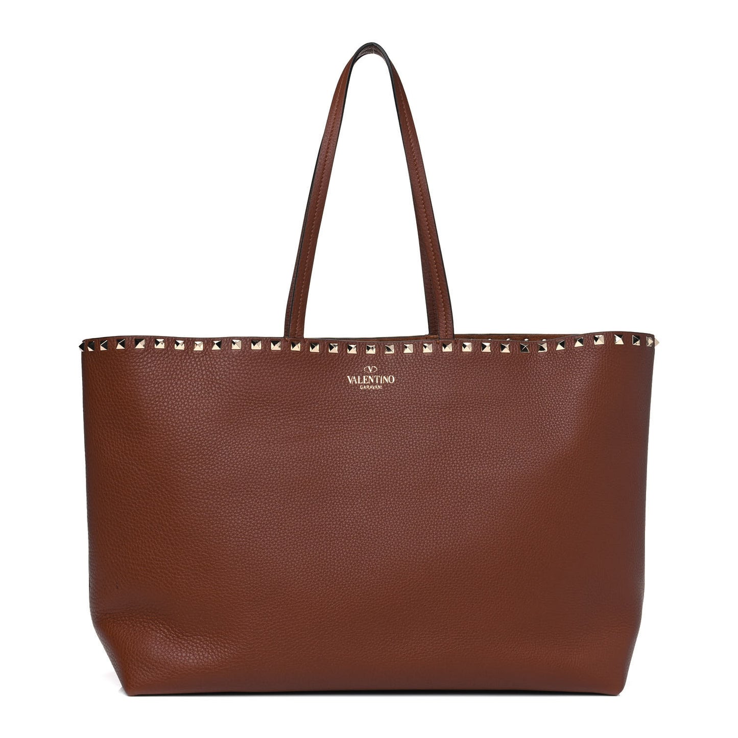 Grained Calfskin Rockstud Shoulder Tote Bright Cognac