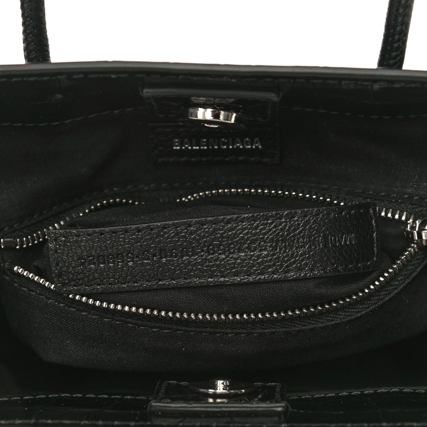Shiny Calfskin Logo Crocodile Embossed North South Shopper Tote XXS Black White