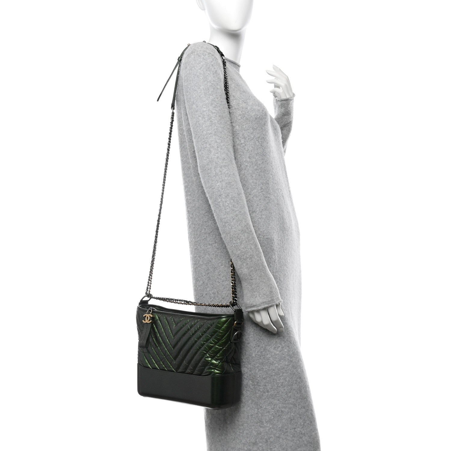 Chanel Metallic Aged Calfskin Chevron Quilted Medium Gabrielle Hobo Green 2 of 13