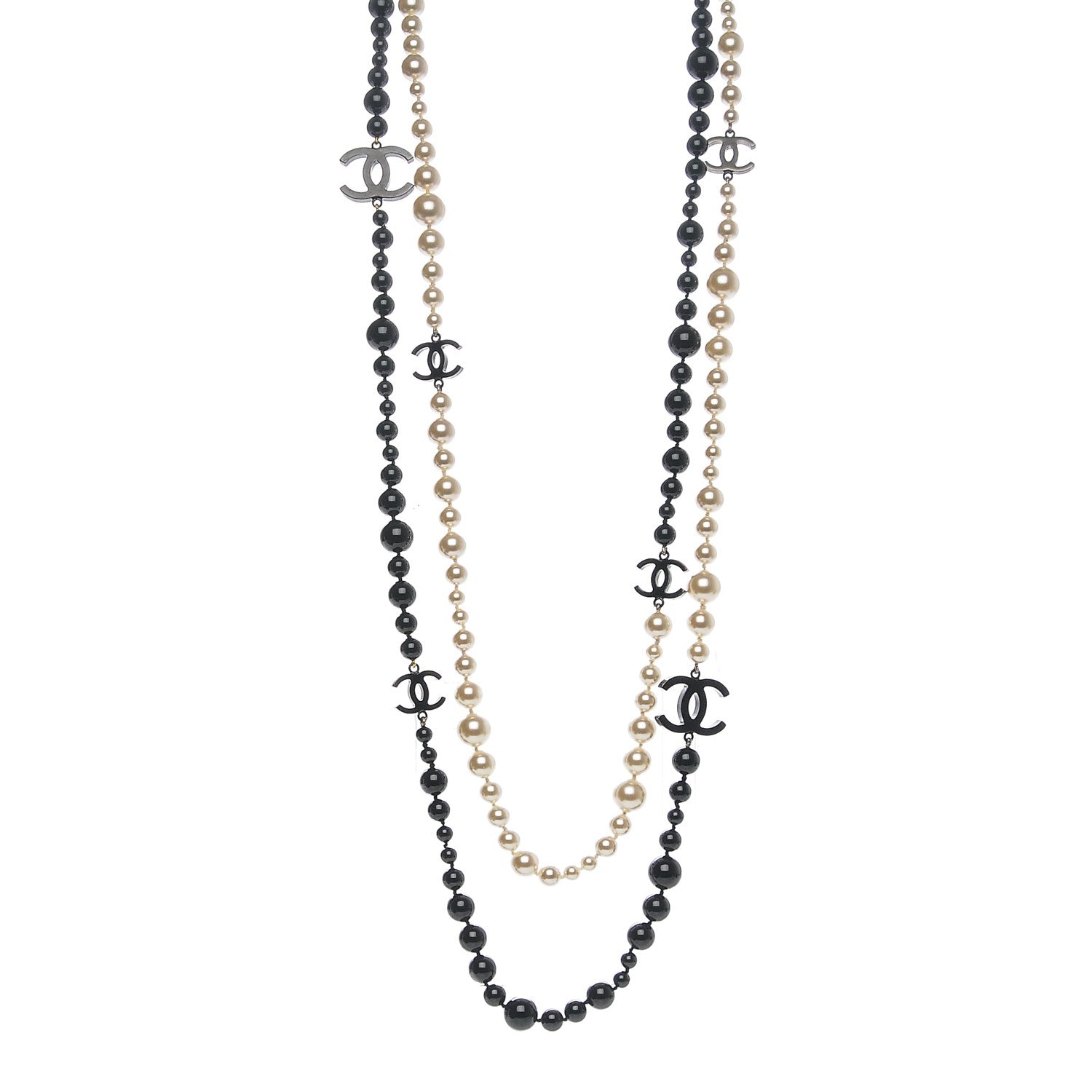 Chanel Pearl Bead CC Long Double Strand Necklace Black White 1 of 6