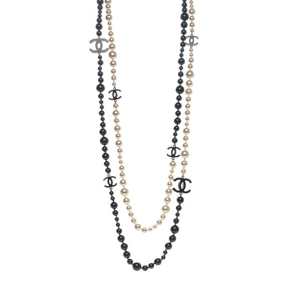 Chanel Pearl Bead CC Long Double Strand Necklace Black White 1 of 6