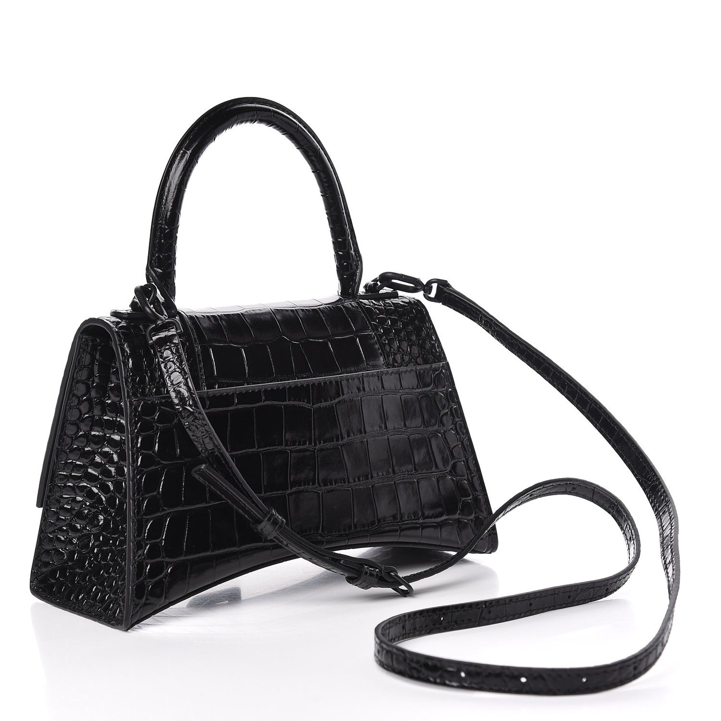 Shiny Calfskin Monochrome Crocodile Embossed Small Hourglass Top Handle Bag Black