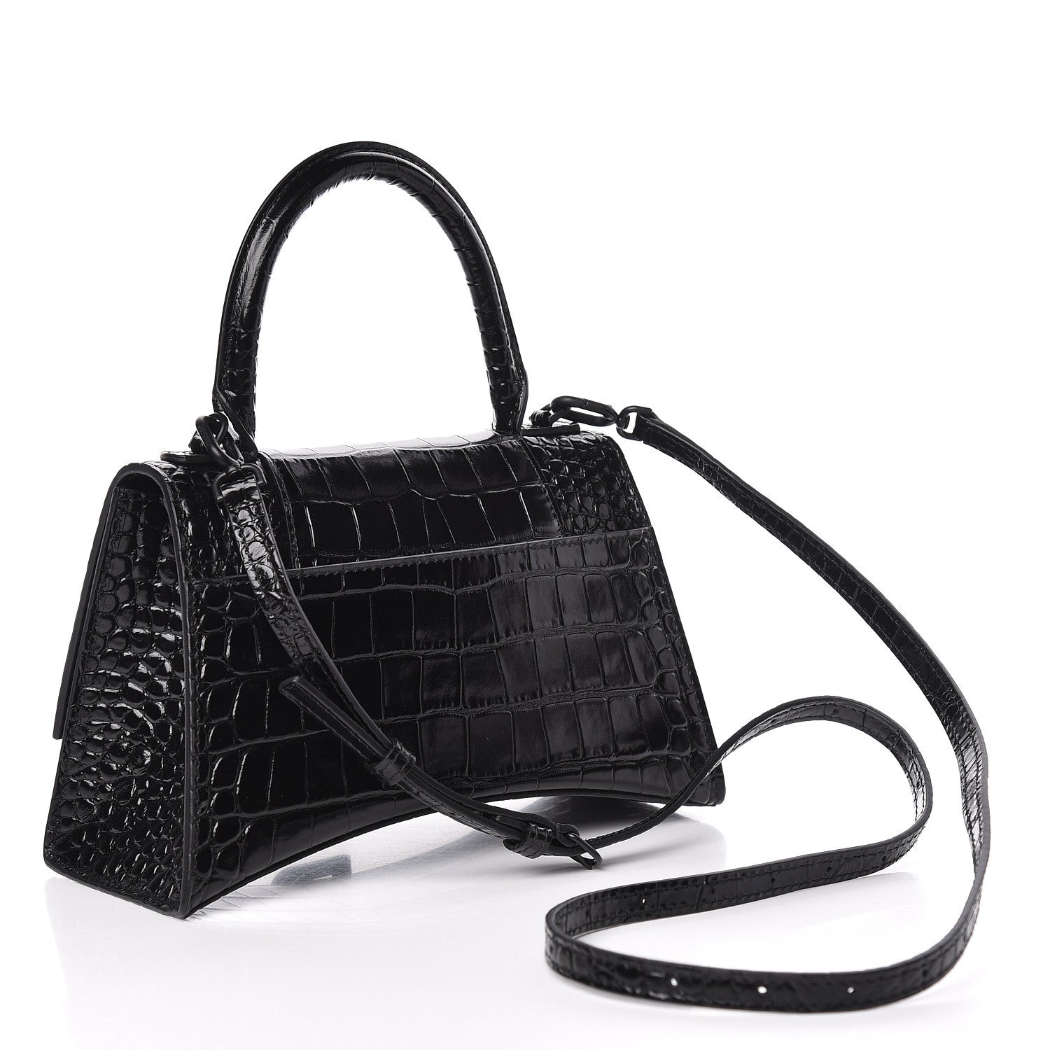 Balenciaga Shiny Calfskin Monochrome Crocodile Embossed Small Hourglass Top Handle Bag Black 3 of 10