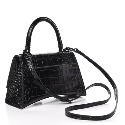 Balenciaga Shiny Calfskin Monochrome Crocodile Embossed Small Hourglass Top Handle Bag Black 3 of 10