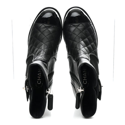 Chanel Calfskin Patent Quilted Cap Toe Short Boots 37.5 Black 4 of 20