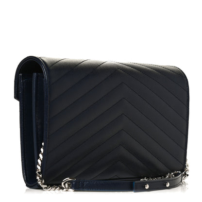 Saint Laurent Grain De Poudre Matelasse Chevron Monogram Envelope Chain Wallet Deep Marine 3 of 10