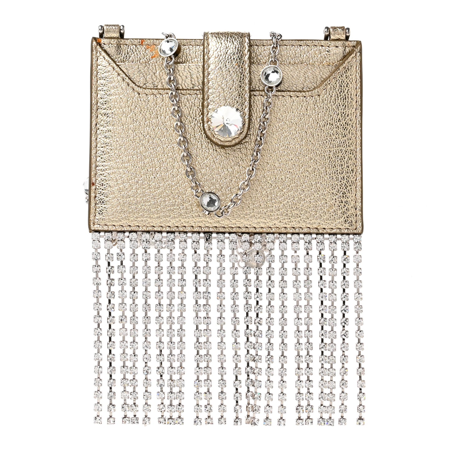 Metallic Goatskin Madras Crystal Card Holder Fringe Crossbody Gold