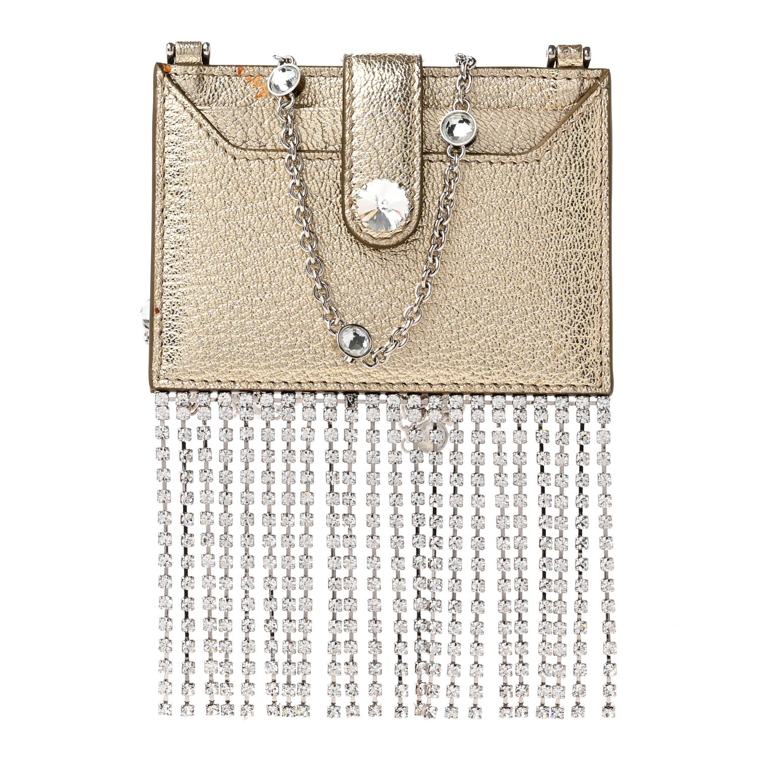 Miu Miu Metallic Goatskin Madras Crystal Card Holder Fringe Crossbody Gold 1 of 8