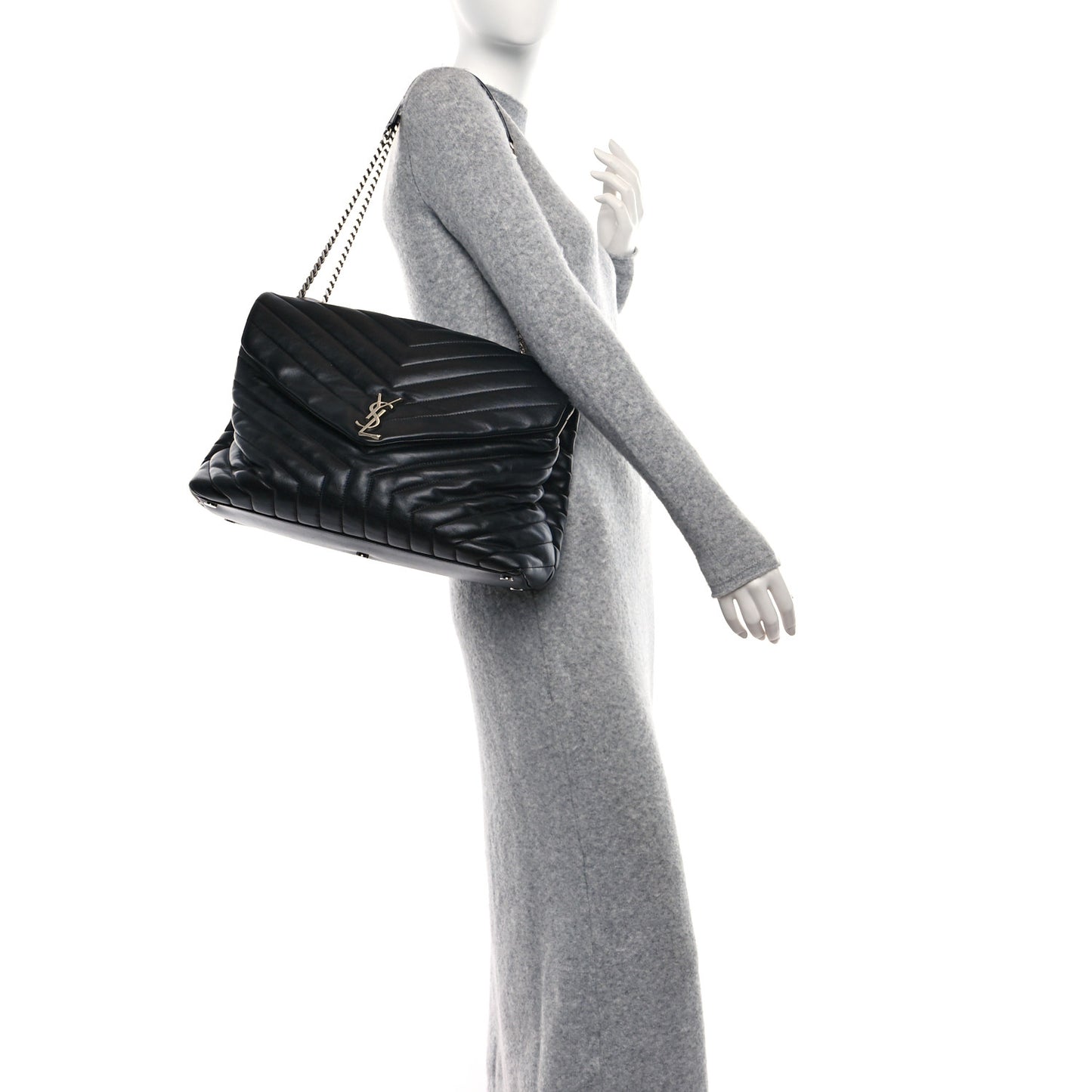 Calfskin Y Quilted Monogram Large Loulou Chain Satchel Black