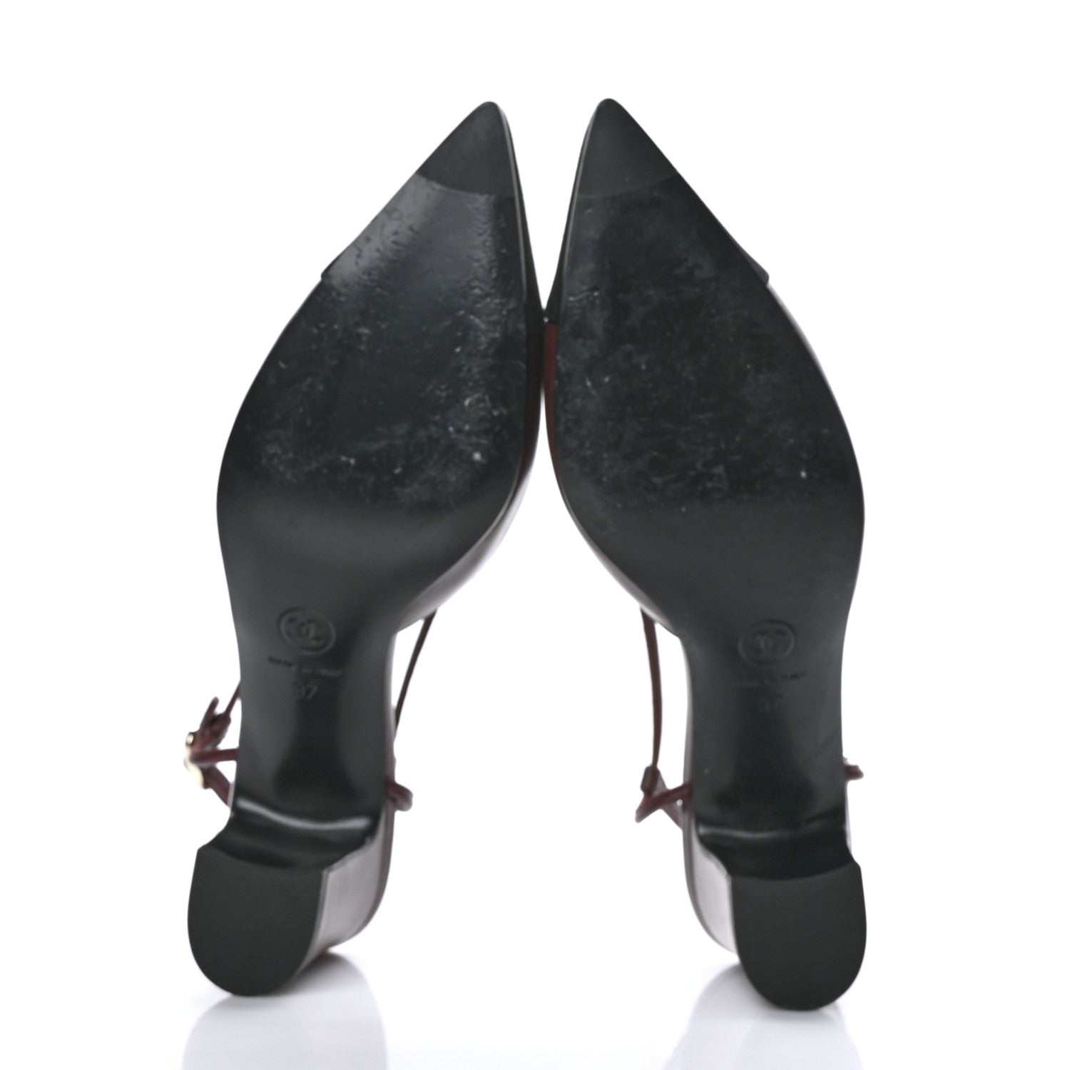 Chanel Lambskin Satin Slingback Cap Toe Bow Pumps 37 Burgundy Black 6 of 10