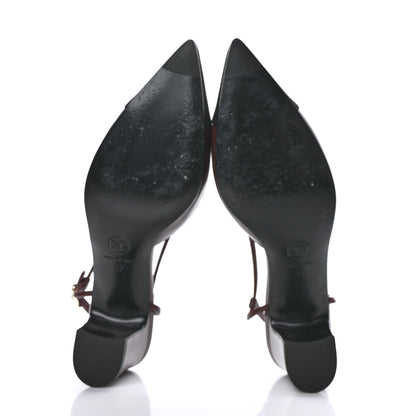 Chanel Lambskin Satin Slingback Cap Toe Bow Pumps 37 Burgundy Black 6 of 10