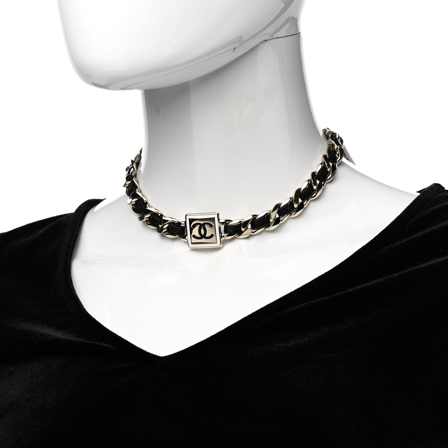 Metal Lambskin CC Square Choker Gold Black White