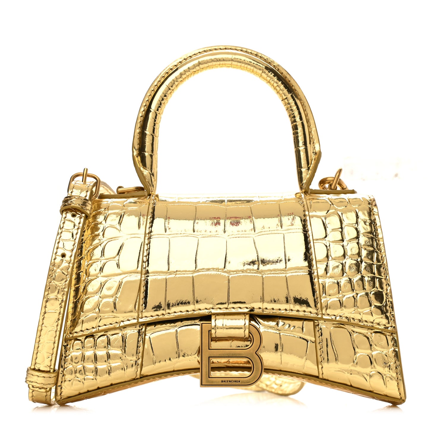 Metallic Calfskin Crocodile Embossed Hourglass Top Handle Bag XS Gold
