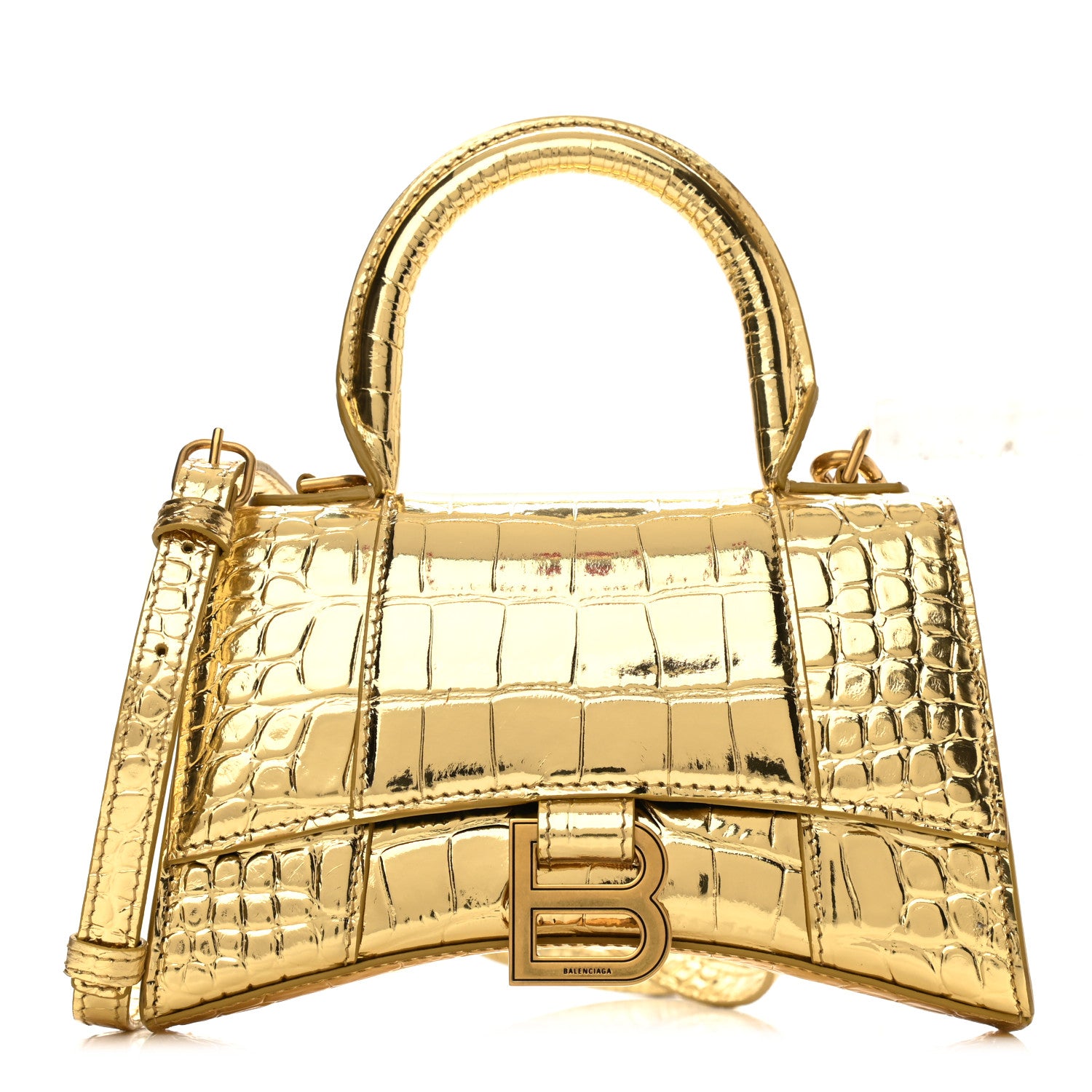 Balenciaga Metallic Calfskin Crocodile Embossed Hourglass Top Handle Bag XS Gold 1 of 10