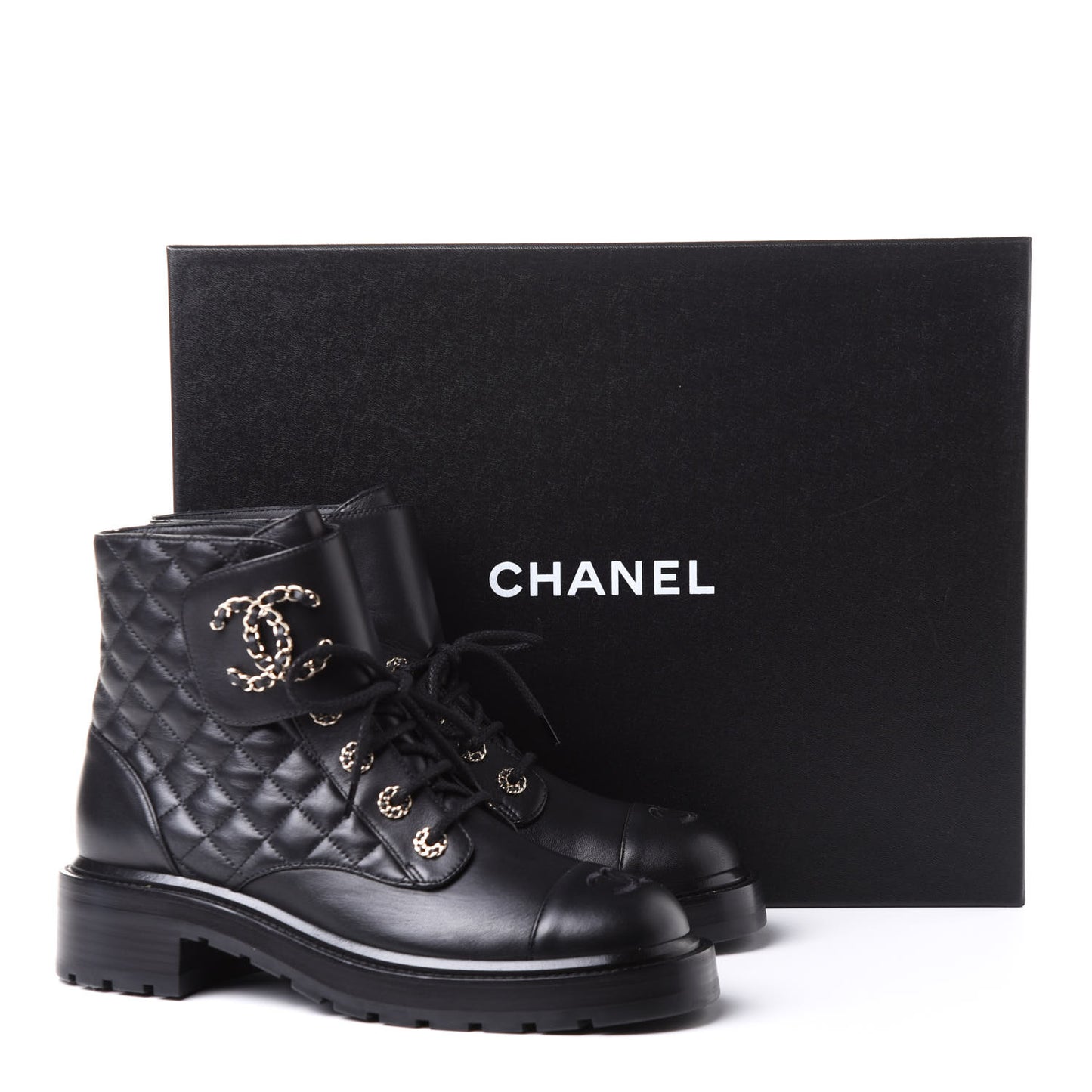 Shiny Lambskin Quilted Lace Up Combat Boots 40 Black