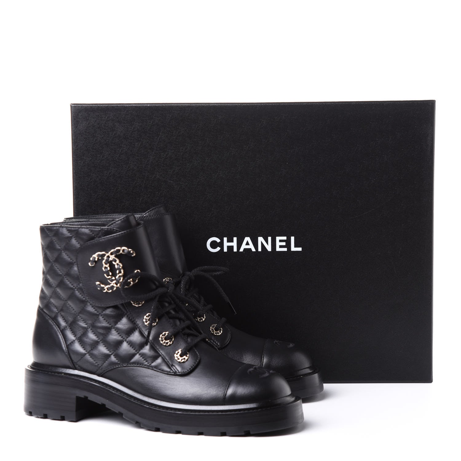 Chanel Shiny Lambskin Quilted Lace Up Combat Boots 40 Black 11 of 11